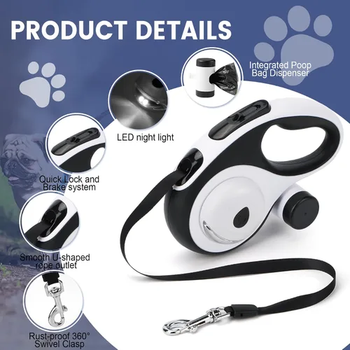 Vista 3 de Correa retráctil doble para perros medianos (hasta 66 libras cada uno), correa de doble cabeza para mascotas con bolsas para excrementos y luz LED
