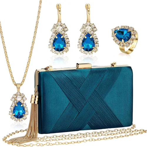 Vista 9 de Quelay Juego de 4 piezas de bolso de mano de satén para mujer, bolso de noche para banquete de boda, bolso de mano, collar vintage, aretes, juego