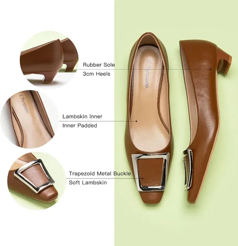Vista 4 de C.Paravano Zapatos de tacón grueso con punta cerrada para mujer Tacones bajos de cuero Tacones bajos de punta cuadrada Zapatos de tacón de vestir