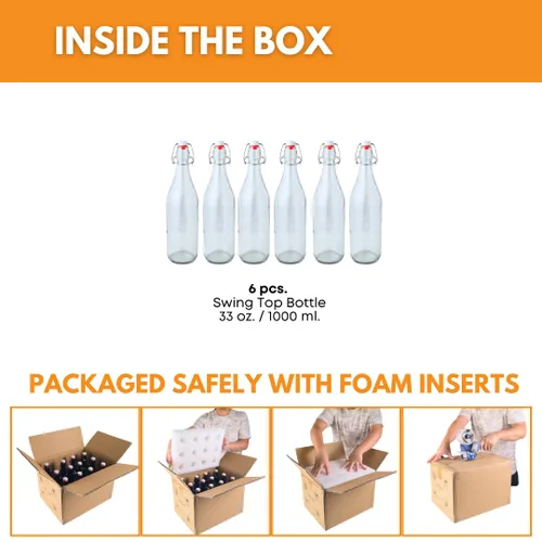 Vista 2 de FastRack Botellas de vidrio con tapa abatible de 33 onzas, paquete de 6, botellas de vidrio transparentes con tapa abatible para elaboración casera
