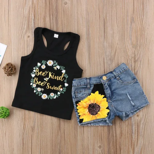 Vista 3 de Honganda Fashion 2Pcs Toddler Kids Baby Girl Sunflower Outfits Sleeveless Tank Top+Denim Shorts Summer Clothes