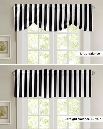 Vista 5 de Cortinas de cenefa con amarre para ventanas, cenefa corta, cortinas de ventana pequeña, baño, sala de estar y cocina, rayas blancas y negras de 60 x