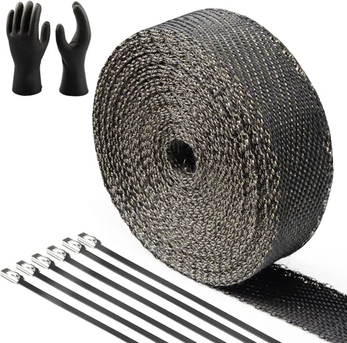 Vista 8 de CARDI Envoltura Térmica de Escape Negra de 2" x 16' de Fibra de Vidrio para Motocicleta con 8 Amarres de Acero Inoxidable Negros y Guantes
