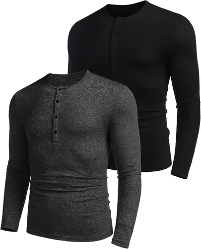 Vista 4 de COOFANDY Paquete de 2 camisetas básicas de algodón para hombre, de manga larga, ligeras, casuales, de algodón