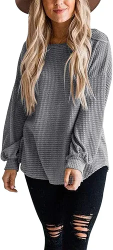 Vista 7 de Merokeety Suéter para mujer con mangas largas globo, tejido de punto gofre, holgado, cuello redondo, sin botones