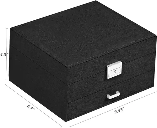 Vista 6 de QBestry Caja organizadora de joyas para mujeres y hombres caja de joyería de terciopelo negro de 3 capas grande de almacenamiento de joyas