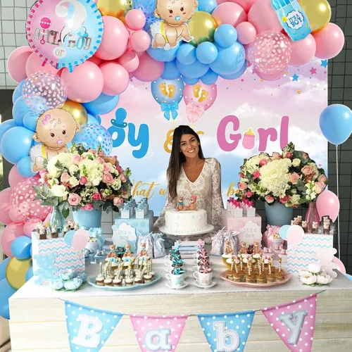 Vista 7 de Decoraciones de revelación de género, kit de arco de guirnalda de globos azul pastel y rosa con texto en inglés "What do You Think", globos de papel