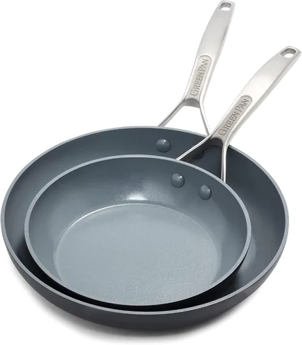Vista 2 de GreenPan Paris Pro - Juego de sartenes antiadherentes de cerámica anodizada dura, de 8 y 10 pulgadas, sin PFAS, apto para lavavajillas, tapa gris