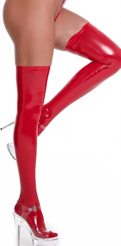 Vista 3 de Panegy Medias de cuero para mujer, medias altas hasta el muslo, medias metálicas brillantes para fiesta de cosplay