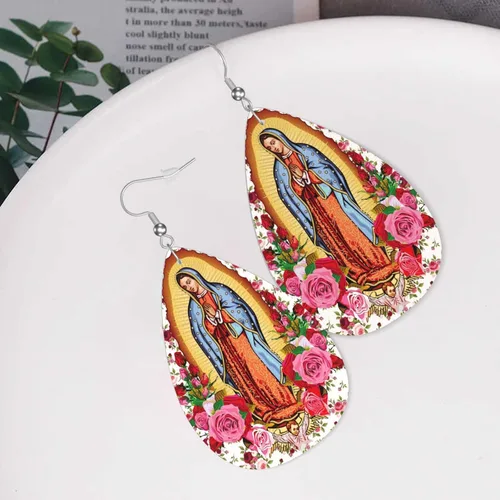 Vista 3 de 1 par de pendientes Virgen de Guadalupe de cuero para mujer cristiana católica virgen maría rosa rosa, Cuero, No es una piedra preciosa