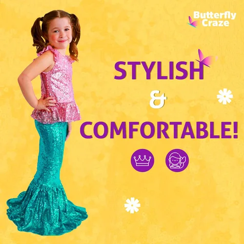 Vista 5 de Butterfly Craze Little Girls Mermaid Costume TopDress with Skirt - Perfect for Birthday Parties Halloween School Fairs