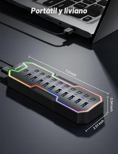 Vista 5 de Hub USB alimentado, concentrador USB 3.0 de 10 puertos con tira de LED RGB y adaptador de corriente de 12 V/2 A, extensión USB, interruptores LED