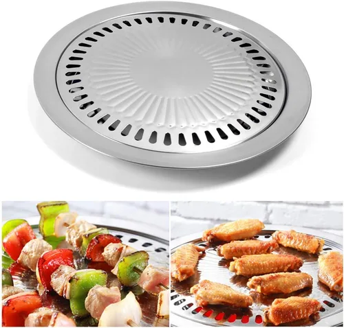 Vista 4 de Sartén coreana para barbacoa para estufa, sartén redonda de acero inoxidable de 11.81 x 1.1 pulgadas, placa de parrilla de campamento