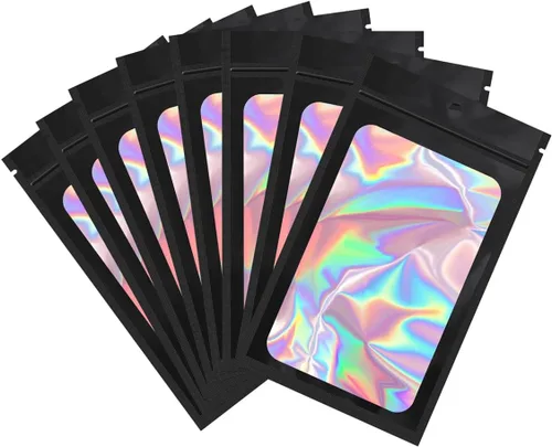 Vista 14 de Paquete de 100 bolsas de Mylar con ventana transparente, holográficas, a prueba de olores, para pequeñas empresas, bolsas resellables