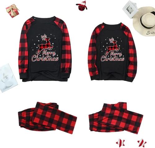 Vista 3 de Pijamas de Navidad a juego para la familia, conjunto de pijamas de Navidad a cuadros, pijamas a juego para la familia