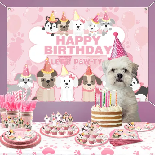 Vista 8 de KEFAN Suministros de fiesta de perro, vajilla de cumpleaños de pata de perro rosa, incluye platos de perro rosa, vasos, servilletas, mantel, telón