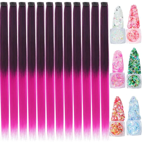 Vista 23 de Extensiones de cabello de colores, extensión de cabello liso con clip de 22 pulgadas, extensiones de cabello con brillantina multicolor arcoíris