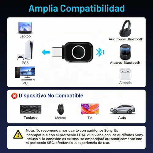 Vista 3 de ZIOCOM Adaptador Bluetooth USB-C para PS5, Bluetooth 5.3 Dongle con APTX LL