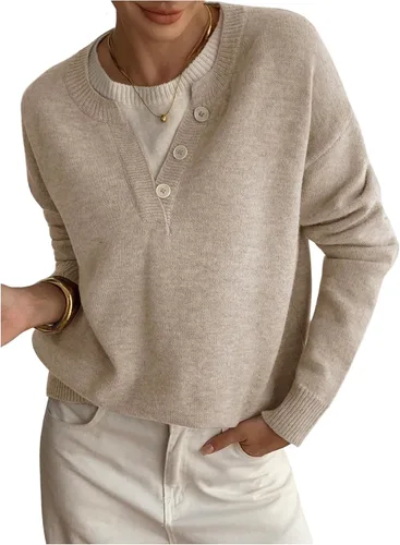 Vista 21 de SOLY HUX Suéteres Pullover para Mujer de Manga Larga con Botones Cuello Redondo 2 en 1 Tops de Punto Holgados Albaricoque puro