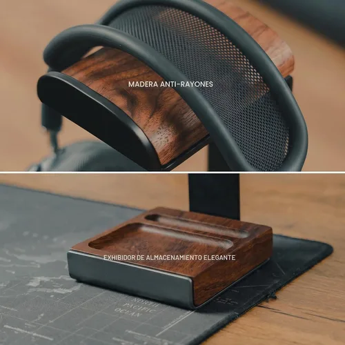 Vista 3 de COREMINDED Universal Headphone Stand for Desk, Walnut Wood Headset Holder Dark Walnut