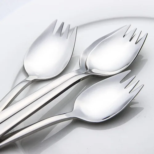 Vista 7 de YFWOOD Sporks, 4 tenedores de acero inoxidable 18/10, tenedores de metal para acampar y uso doméstico, mango largo de 7.4 pulgadas de largo