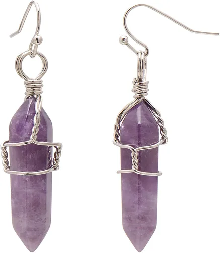 Vista 6 de Pendientes de cristal de punta envuelta en alambre de piedra pulida para mujer Reiki Energy Healing