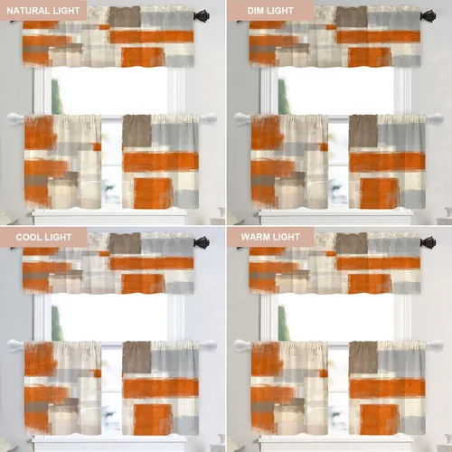 Vista 9 de Shrahala Beige and Orange Abstract Art Brushstrokes Blackout Curtain Tiers, Abstract Oil Paint Kitchen Valance Light Blocking Tier Drapes with Rod