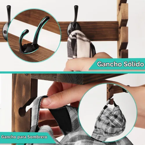 Vista 7 de AMBIRD Ganchos de pared con estante de 73.4 cm Entrada de pared con estante, ganchos para abrigos de madera, perchero de pared con estante