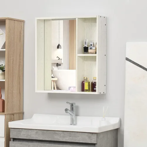 Vista 2 de kleankin Botiquín de baño de 24.75 x 25.5 pulgadas con espejo, estante de almacenamiento, armario de baño montado en la pared para sala de estar