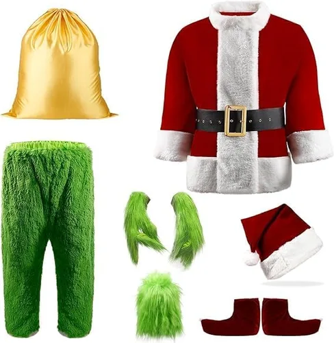 Vista 3 de Green Santa Costume Adult, 8PCS Furry Christmas Green Santa Costume Men Santa Claus Costume for Men