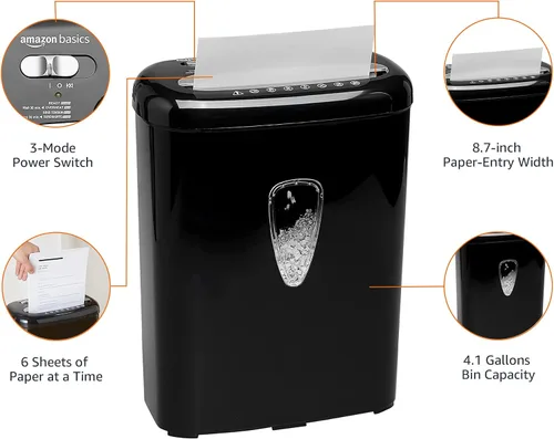 Vista 5 de Amazon Basics - Trituradora de papel y tarjetas de crédito de alta seguridad con micro corte de 6 hojas para casa y oficina, negra