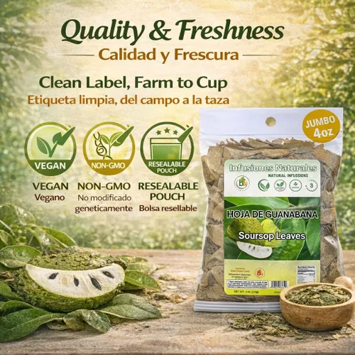 Vista 9 de Hojas de Guanábana (Té de Hojas de Guanábana) – Jumbo 4 oz – 100% Natural, Vegano, Sin OGM, Silvestre y Auténtico – Té Herbal Sin Cafeína – Rinde