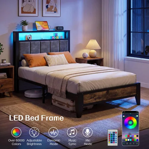 Vista 5 de OLEVS Base de cama individual con cabecera de almacenamiento con luz LED y estación de carga tipo C, base de cama de plataforma metálica