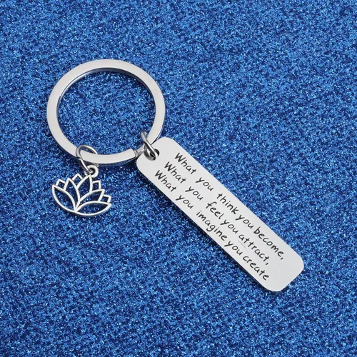 Vista 2 de WUSUANED Regalos budistas con citas espirituales, llavero con tarjeta, con texto en inglés "What You Think You Become Buddha", joyería inspiradora