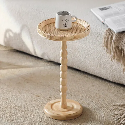 Vista 10 de Mesa pequeña para bebidas, mesa auxiliar redonda de ratán para espacios pequeños, mesa auxiliar bohemia con patas de madera maciza para sala