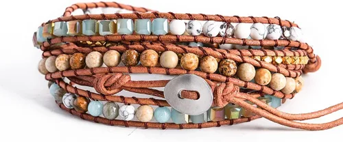 Vista 6 de Ygline Pulsera bohemia hecha a mano, con piedra de cristal, envolvente, de cuero, para mujer