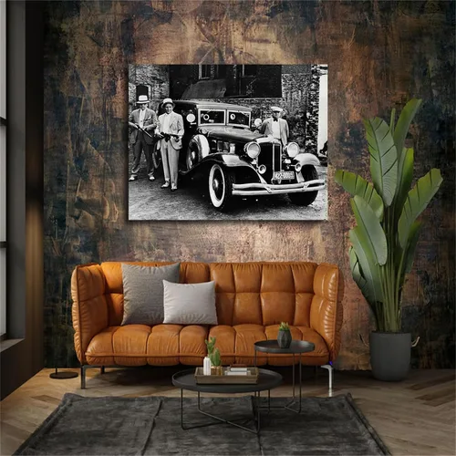 Vista 4 de Póster retro de gángster, ametralladora de auto, foto antigua en blanco y negro, impresión en lienzo, decoración de pared inspiradora, decoración