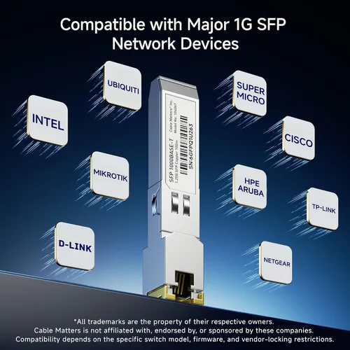 Vista 4 de Cable Matters 1000BASE-T Gigabit SFP al transmisor-receptor de cobre RJ45, hasta 328.1 ft Módulo transceptor Ethernet, compatible con equipos