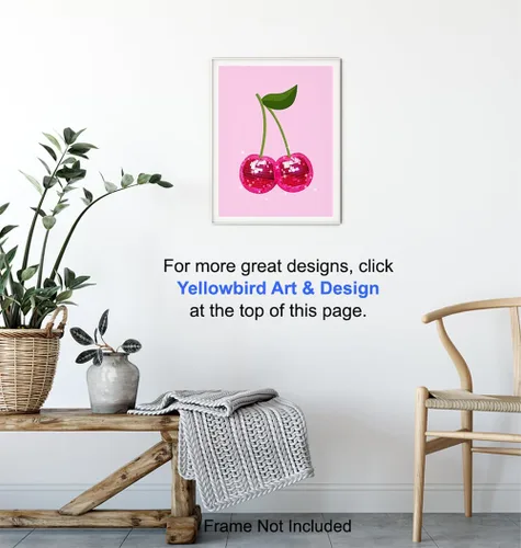Vista 6 de Arte de pared retro de moda y decoración, póster de decoración del hogar con bola de disco de cerezo, arte de pared de sala de estar rosa