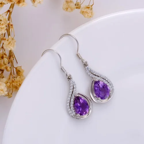 Vista 5 de Althum Gemstone Earrings for Women 925 Sterling Silver 6mm * 9mm Pear Cut Amethyst Garnet Drop Dangle Earrings