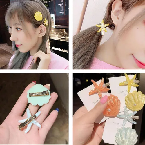 Vista 2 de Seashell - Pinzas para el cabello de estrella de mar para niñas, 8 piezas de pinzas de pelo de color princesa sirena, horquilla para el cabello