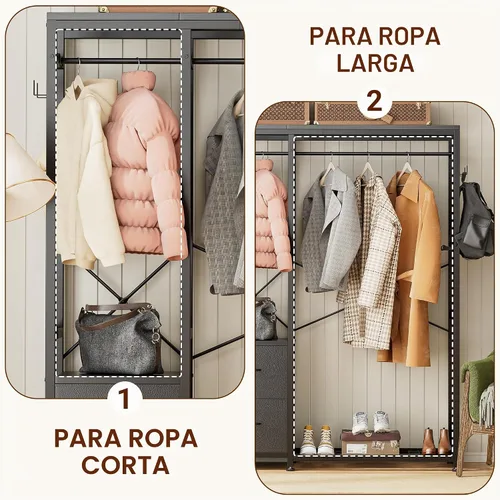 Vista 6 de Lulive - Perchero de ropa, estante resistente para colgar ropa, estantes industriales para ropa con 2 cajones de tela, 4 ganchos, 2 varillas
