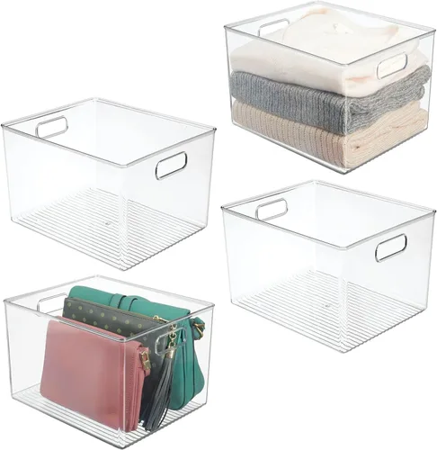Vista 10 de mDesign - Caja organizadora de almacenamiento de plástico moderna pequeña con asas para organización de armario en el hogar - Organización