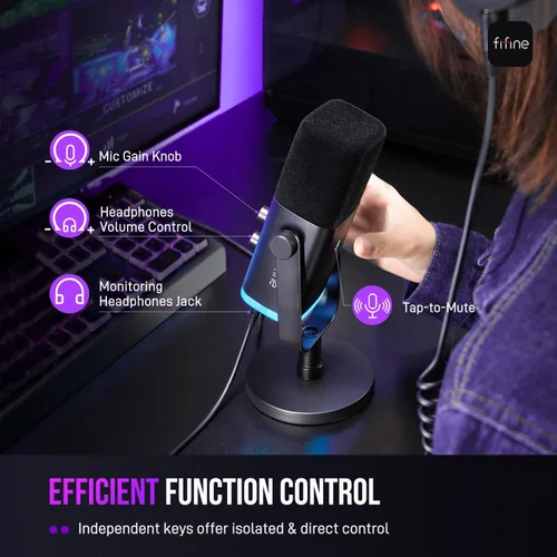 Vista 8 de FIFINE - Micrófono dinámico XLR/USB para podcasts, de transmisión de juegos con luz RGB, botón de silencio, conector para auriculares, soporte