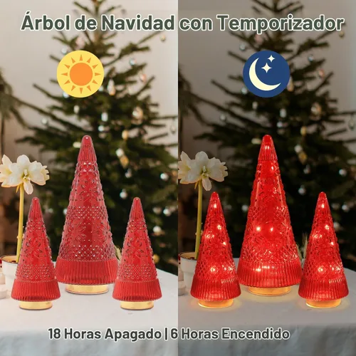Vista 4 de PHITRIC Decoraciones de Navidad para Interiores, 3 Piezas de Centros de Mesa de Árbol de Navidad de Cristal Rojo Brillante con Luces LED