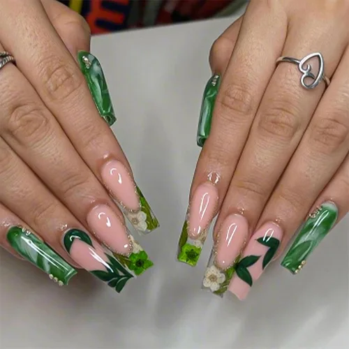 Vista 21 de MISUD Uñas a presión – Uñas cuadradas largas con pegamento rosa y negro, acrílico Y2K diseño de dijes de 24 piezas