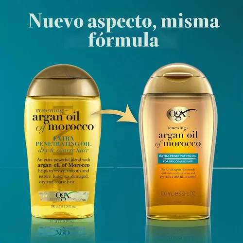 Vista 4 de OGX Renewing + Aceite de Argán de Marruecos para el Cabello, tratamiento de suero penetrante extra fuerte para cabello seco, dañado, encrespado