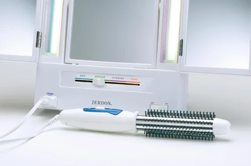 Vista 4 de JERDON Espejo de maquillaje de dos caras de tres pliegues con luces, espejo de tocador con aumento 5X-1X y múltiples ajustes de luz, color blanco