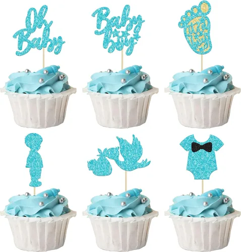 Vista 13 de 24 adornos para cupcakes con purpurina para baby shower, para baby shower, temática de revelación de género, decoraciones para pasteles para baby