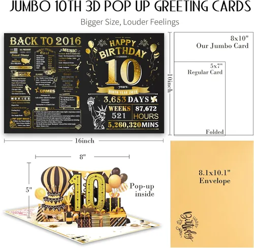 Vista 6 de Tarjeta de cumpleaños número 10 para niña, niño, nieto, nieta, hijo, hija, gigante, desplegable, “Happy 10th Year Old”, decoración, regalo de Negro